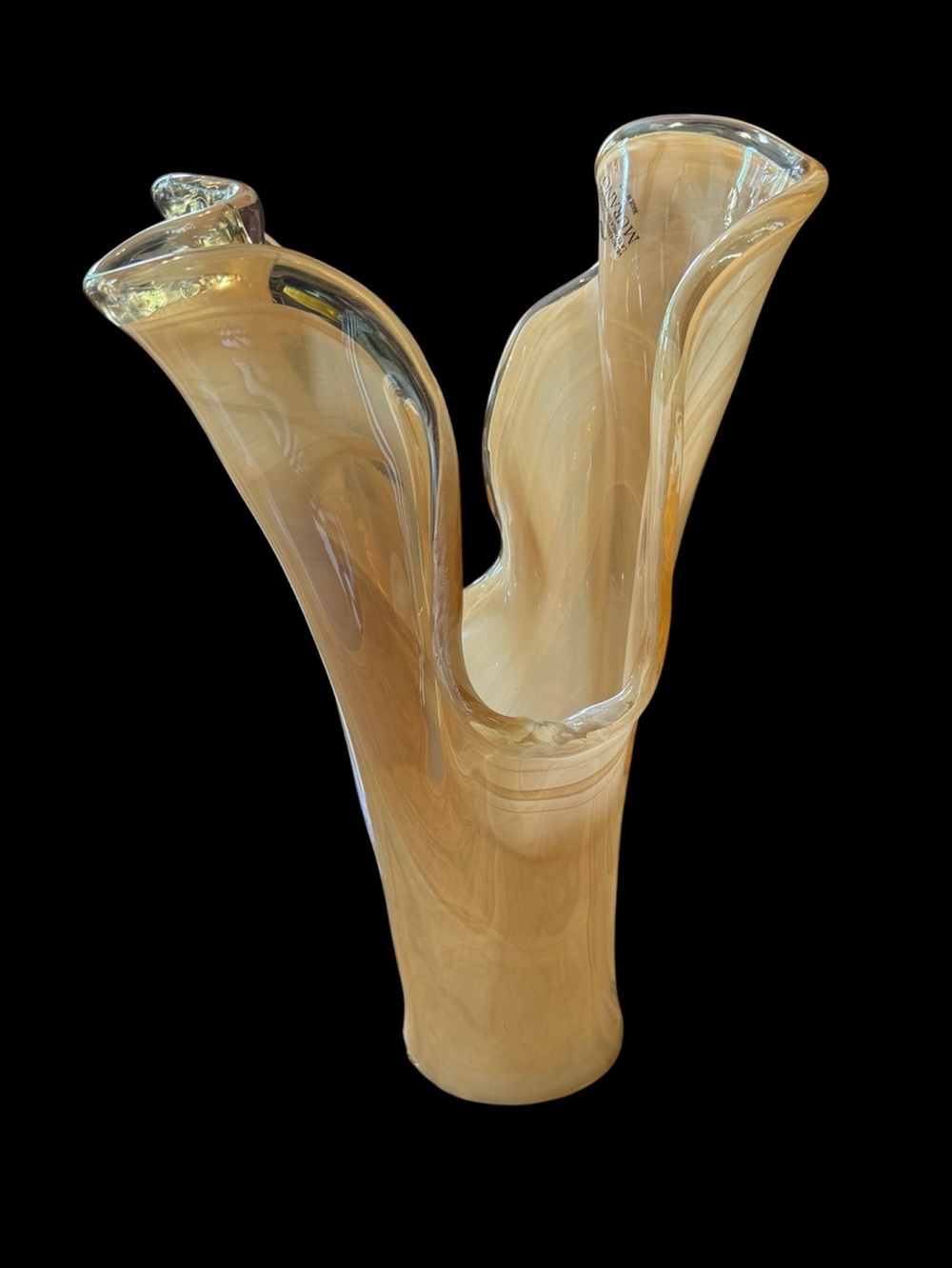 Murano Italy large Handblown Art Glass Double Trumpet Vase in Amber